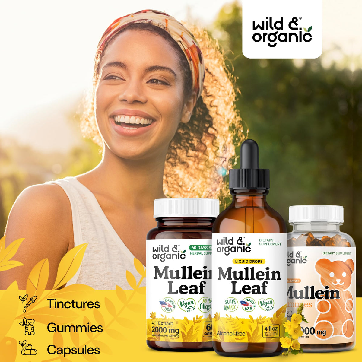 Gouttes de mullein Wild & Organic sur une surface en bois