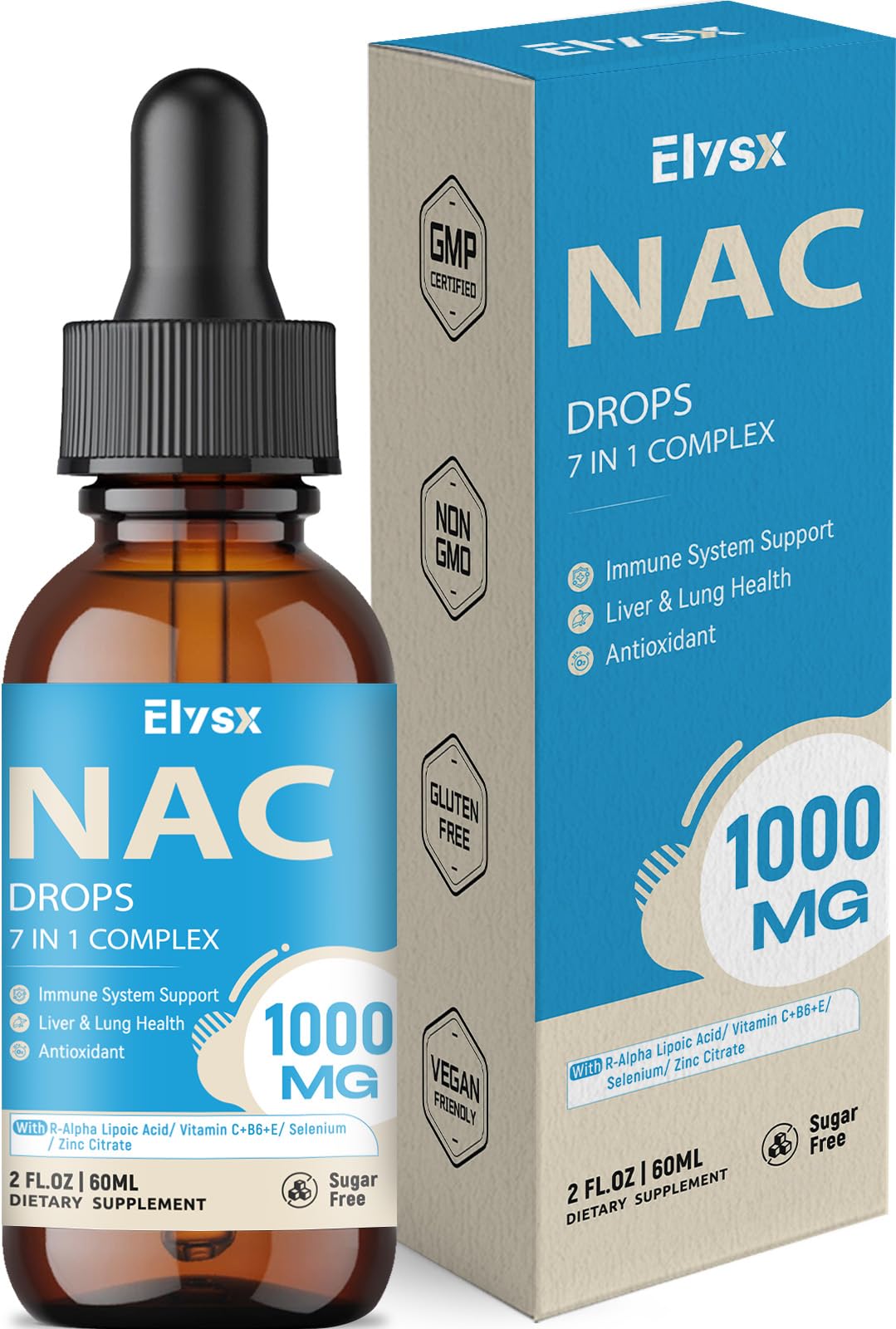 Gouttes de NAC Elysx 1000MG flacon avant avec étiquette