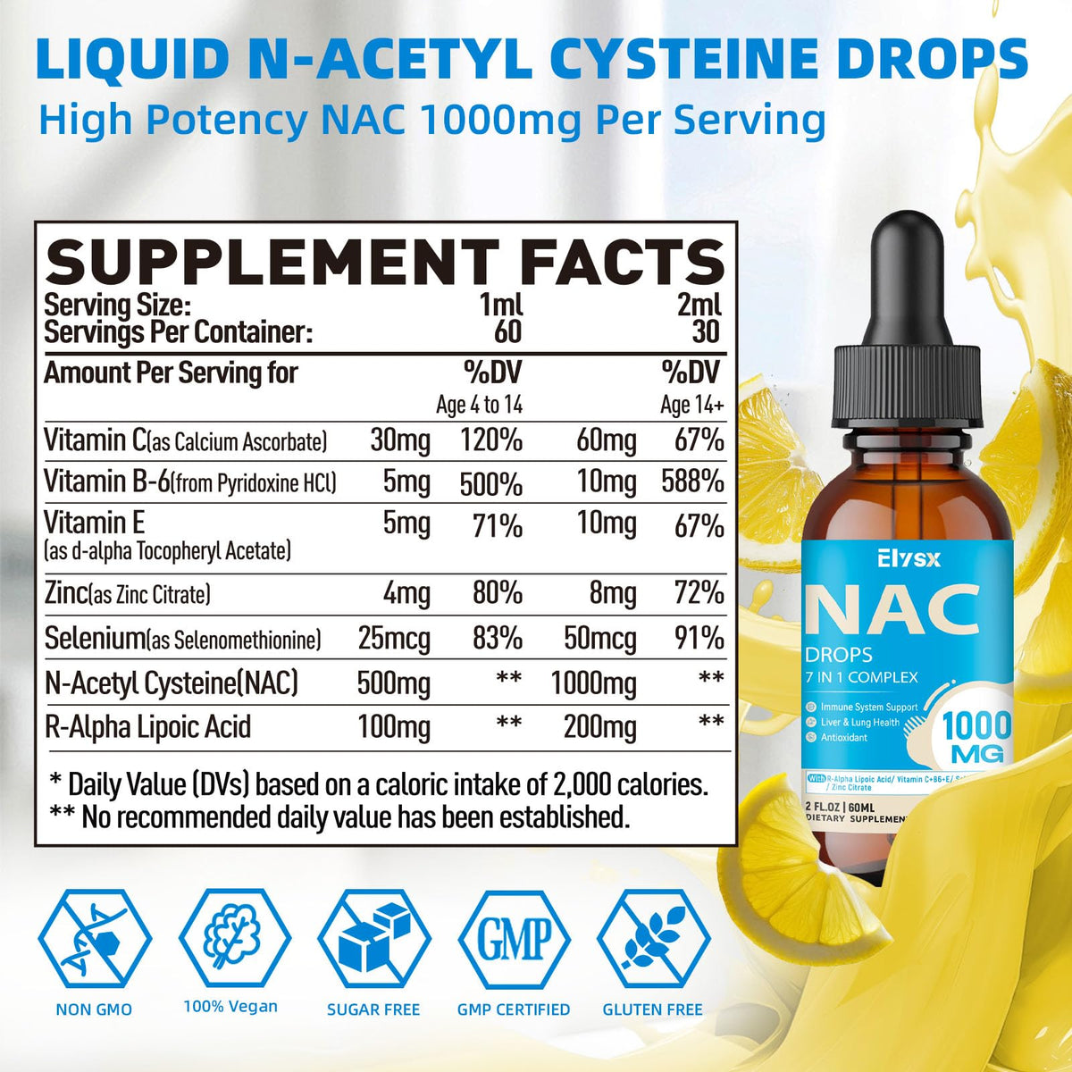 Gouttes de NAC Elysx 1000MG vue de côté avec compte-gouttes