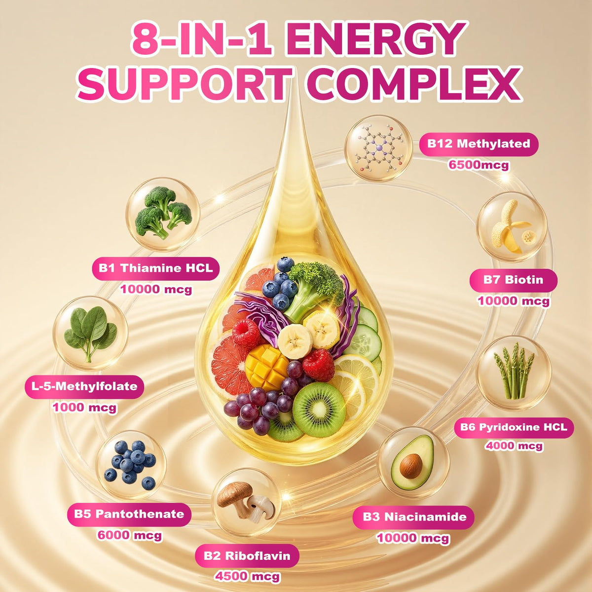 Gouttes de Newpie B Complex avec fruits en arrière-plan