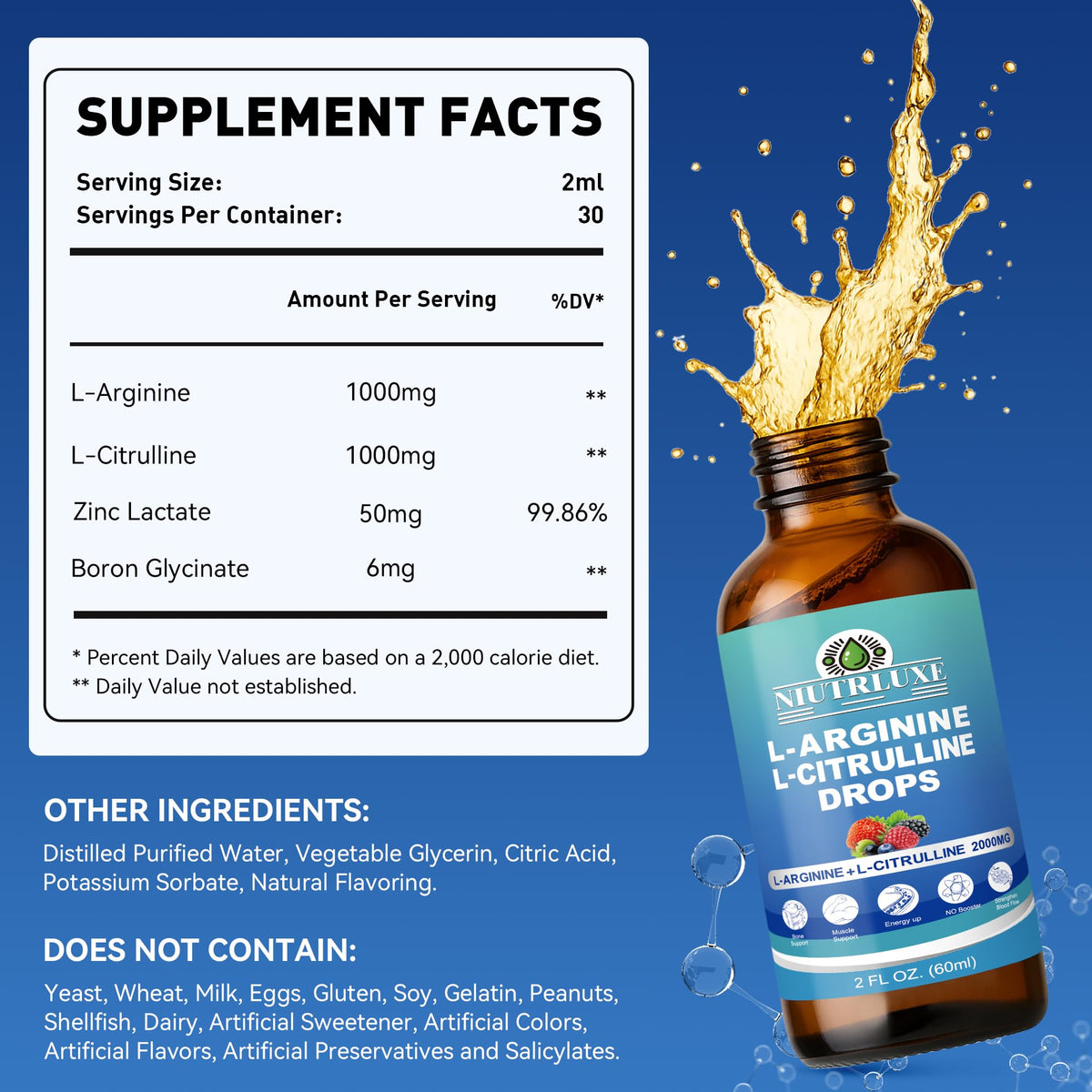Gouttes de NIUTRLUXE L-Citrulline L-Arginine avec étiquette détaillée