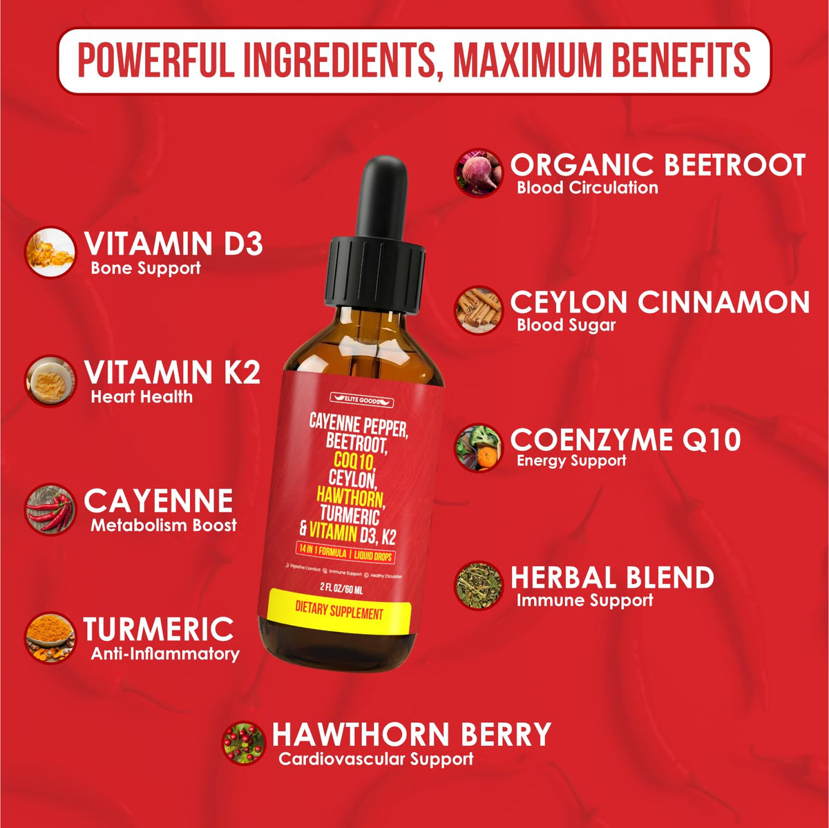 Gouttes de piment de cayenne Elite Goods avec ingrédients naturels