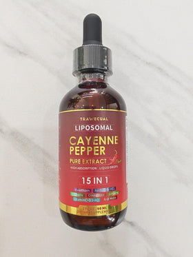Gouttes de piment de cayenne Trawecual avec étiquette visible