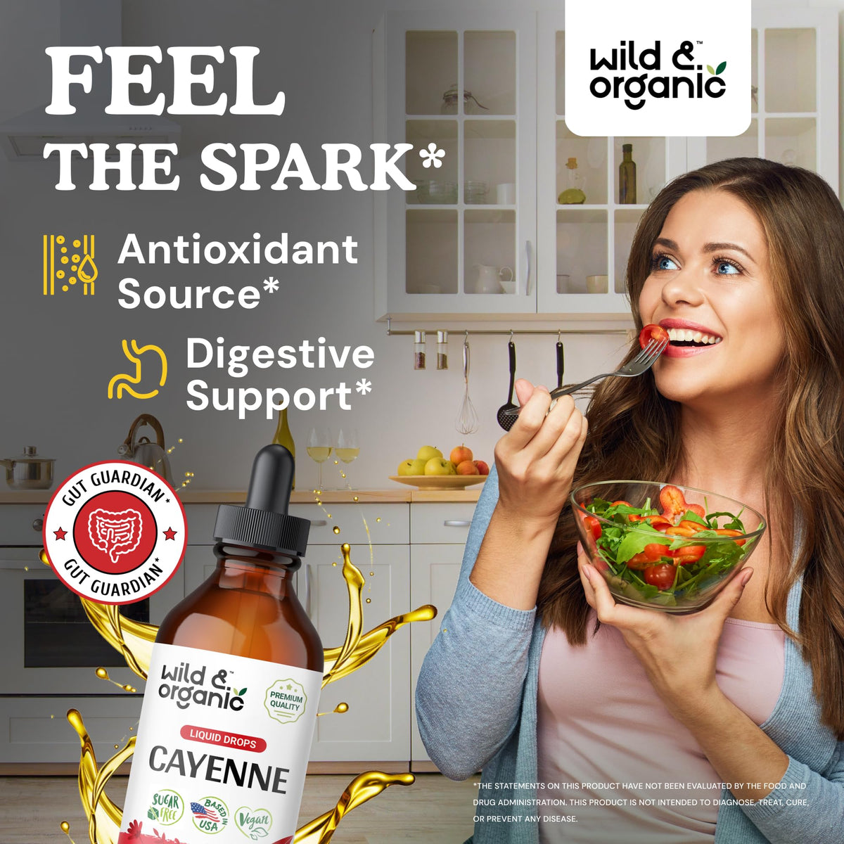 Gouttes de piment de cayenne Wild & Organic avec étiquette et bouchon
