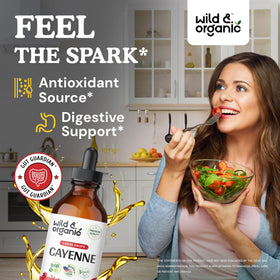 Gouttes de piment de cayenne Wild & Organic avec étiquette et bouchon