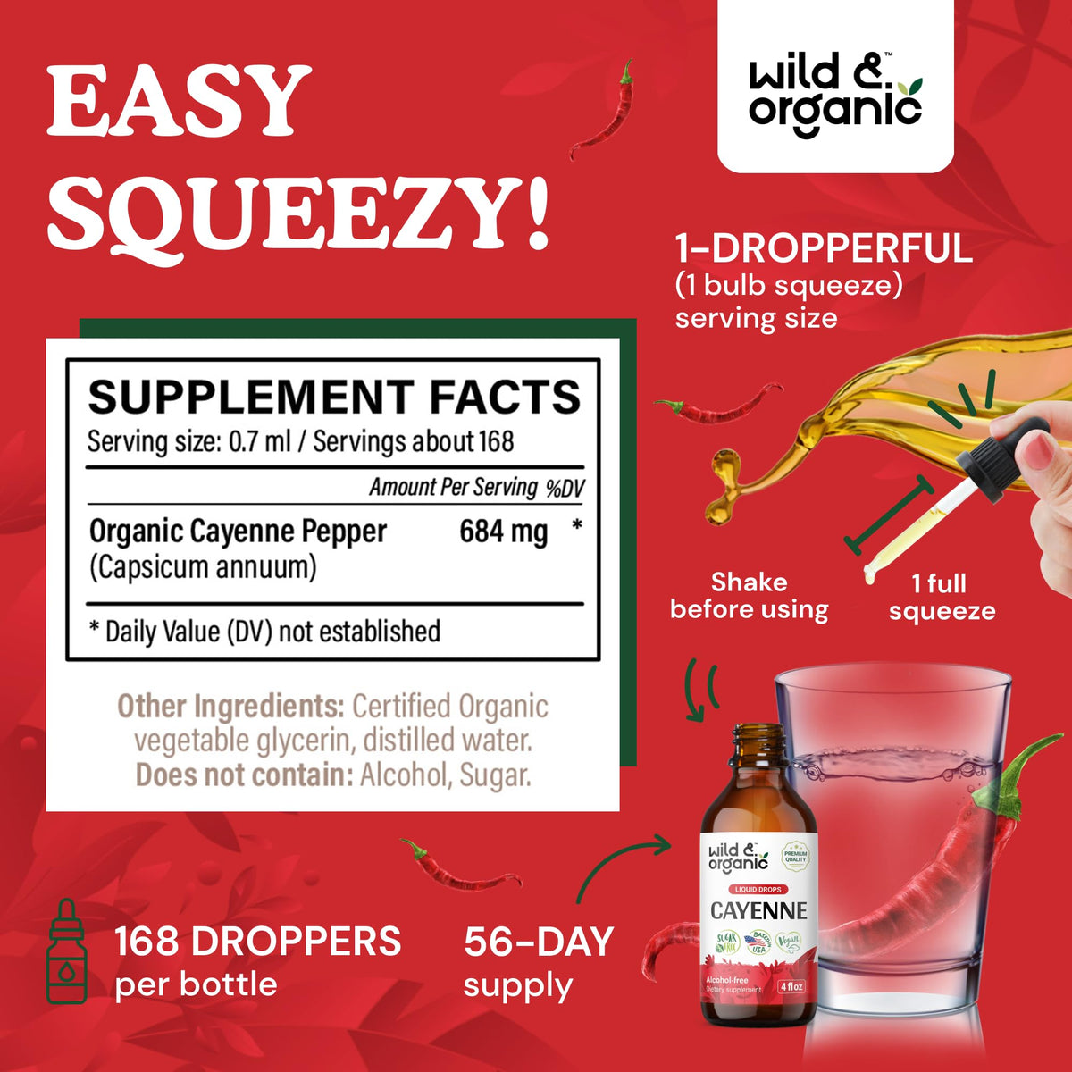 Gouttes de piment de cayenne Wild & Organic sur fond blanc