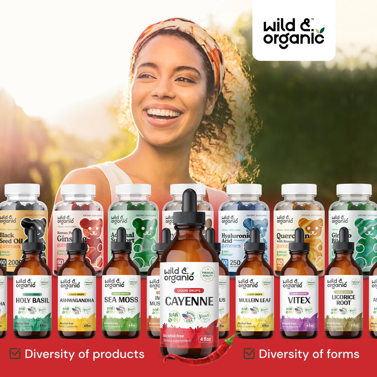 Gouttes de piment de cayenne Wild & Organic sur une table