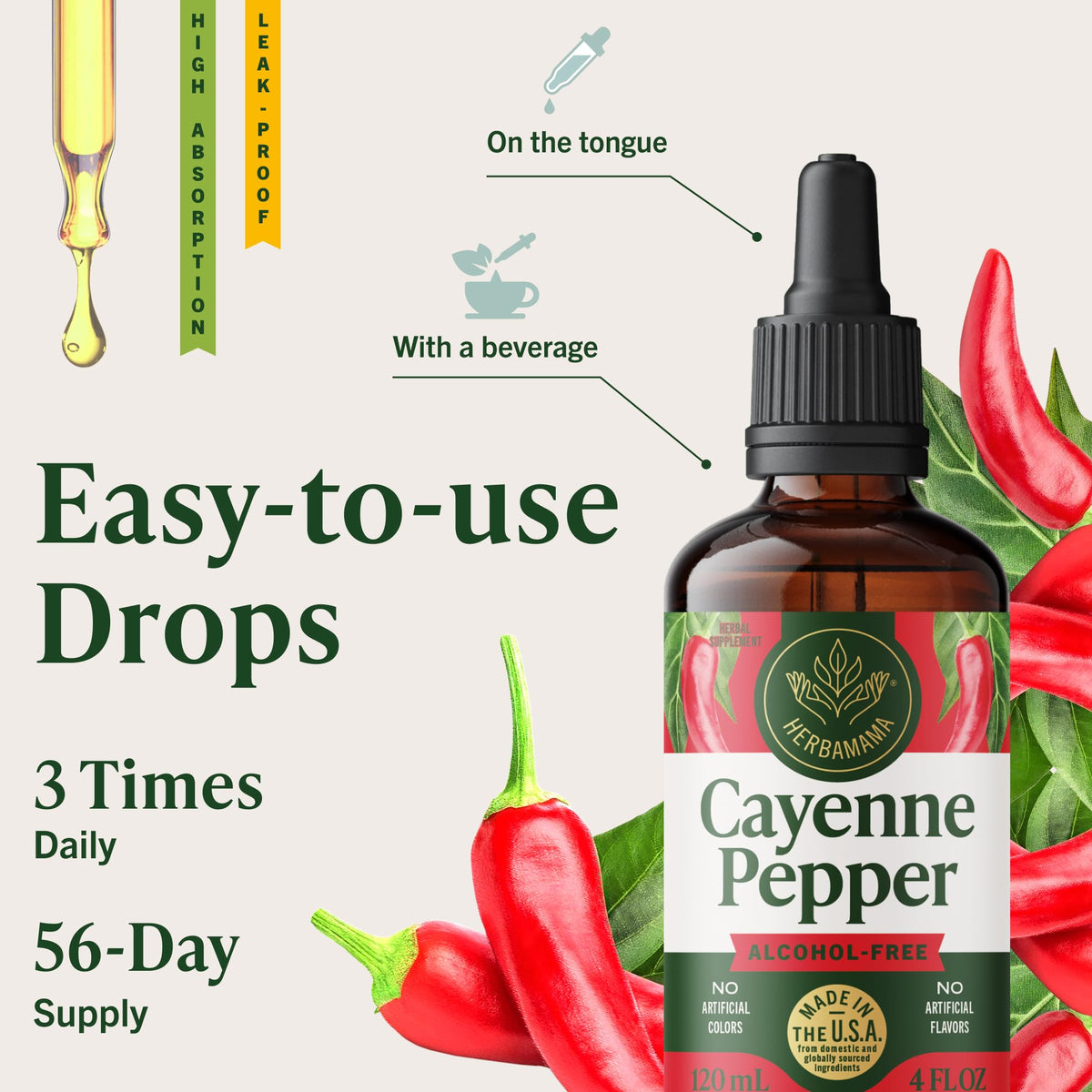 Gouttes de poivre de cayenne HERBAMAMA avec fruits en arrière-plan