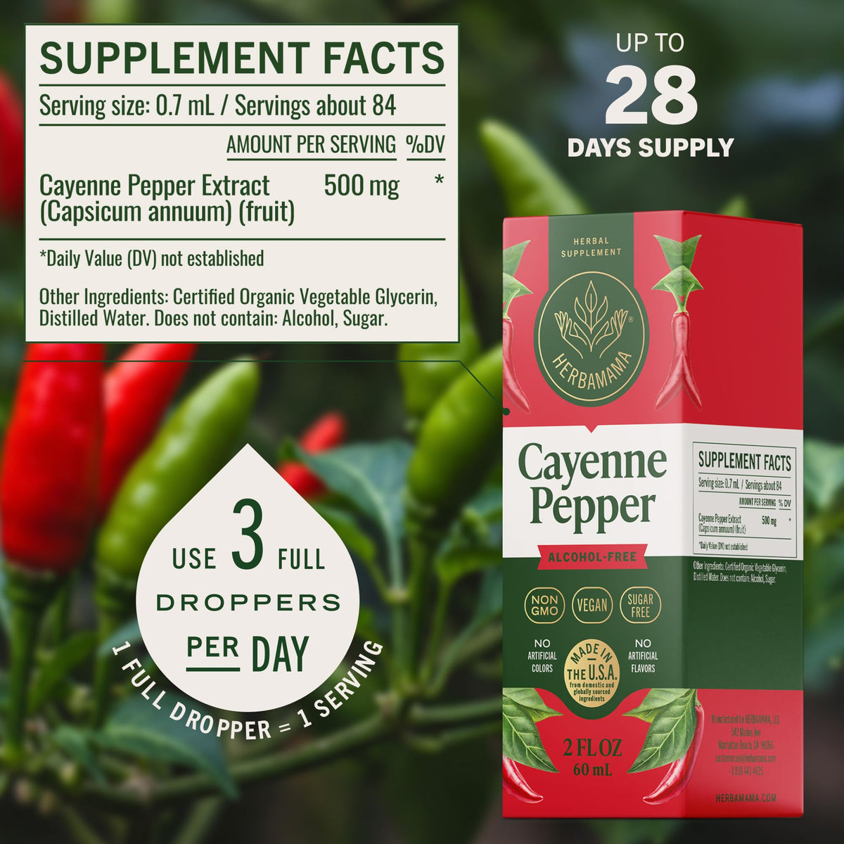 Gouttes de poivre de cayenne HERBAMAMA, compte-gouttes en action
