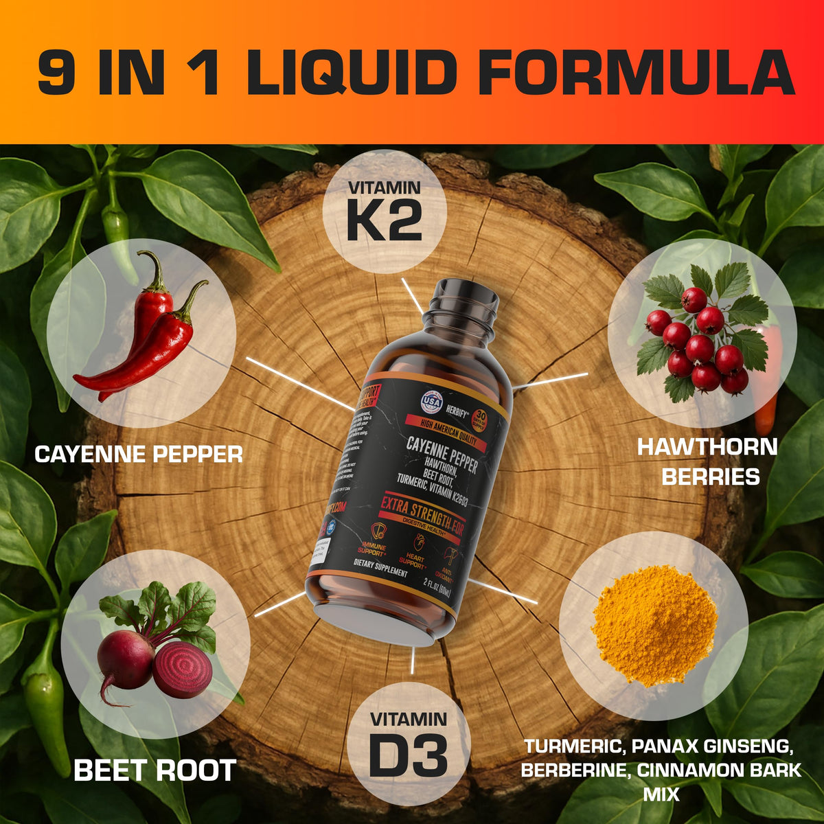 Gouttes de poivre de cayenne HERBIFY avec étiquette et dosage