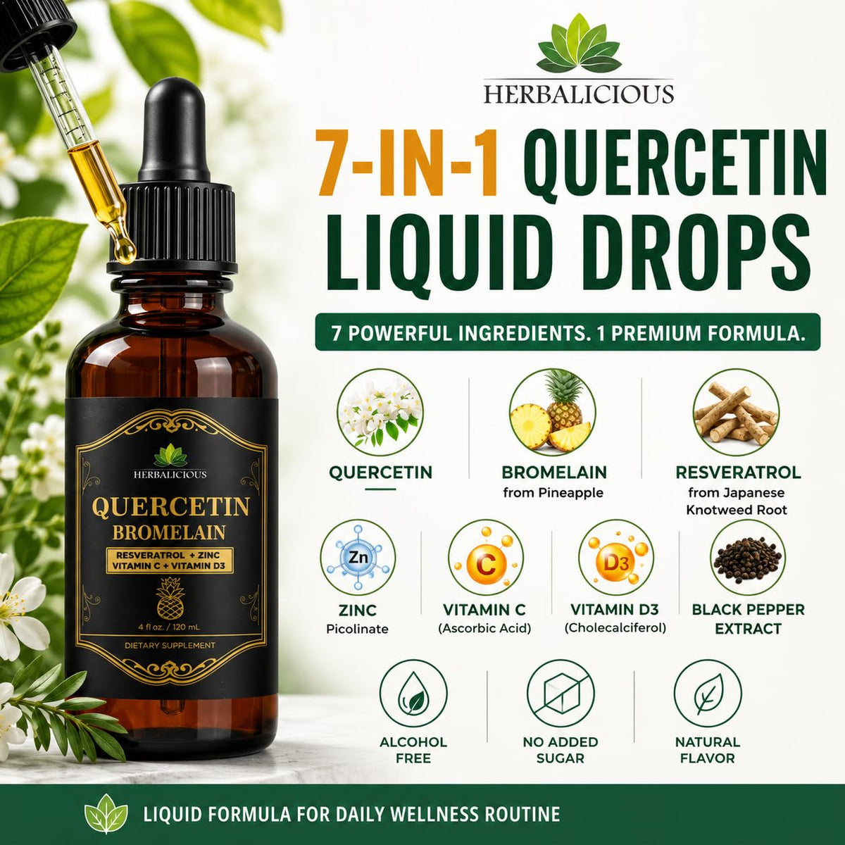 Gouttes de Quercetin Bromelain Liquide HERBALICIOUS sur une cuillère
