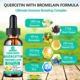 Gouttes de Quercétine avec Bromélaïne en format liquide, vue de près