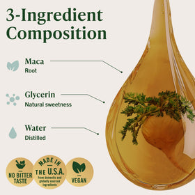 Gouttes de racine de Maca HERBAMAMA ajoutées dans un verre d'eau