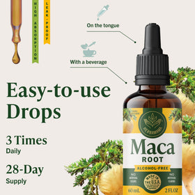 Gouttes de racine de Maca HERBAMAMA sur une table en bois