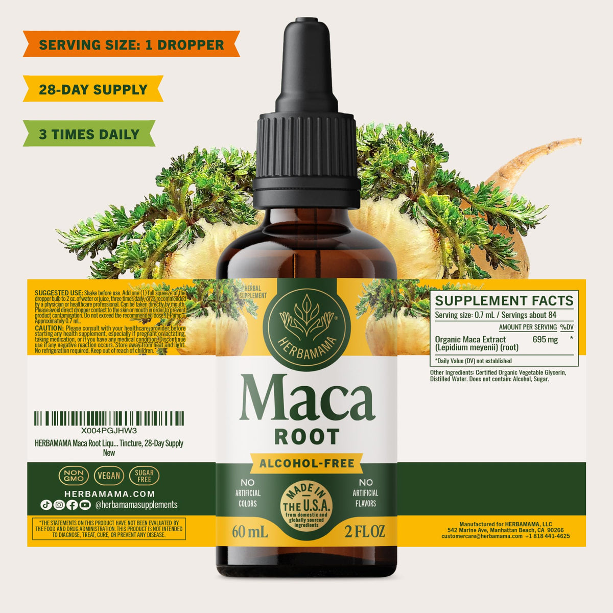 Gouttes de racine de Maca HERBAMAMA, vue arrière du flacon