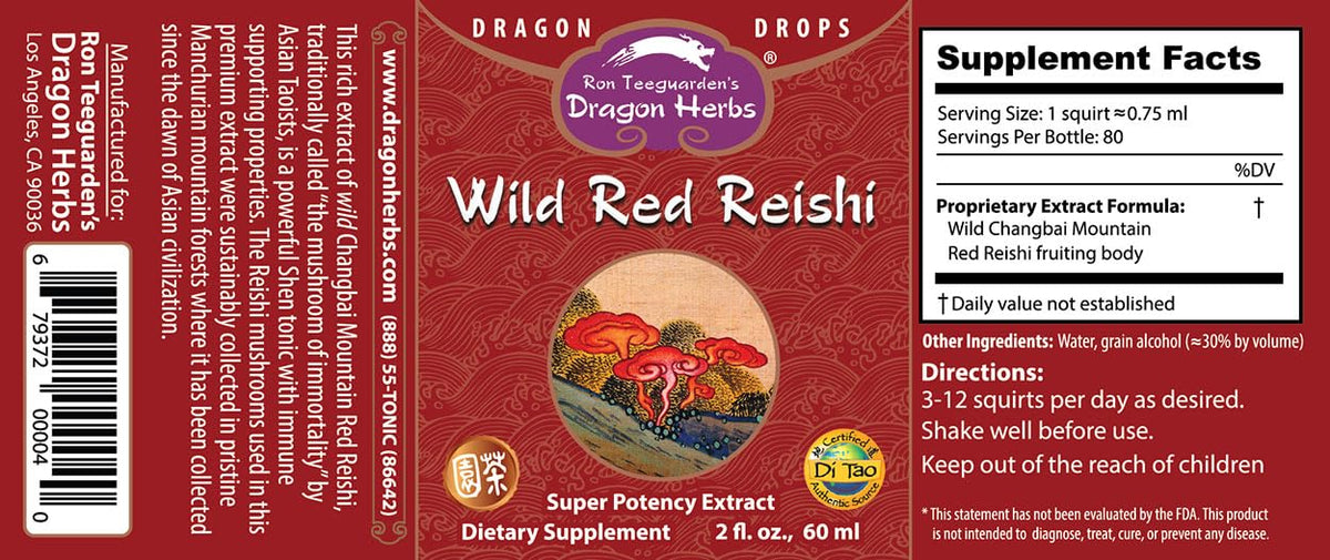 Gouttes de Reishi Rouge Sauvage Dragon Herbs, étiquette et contenu