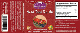 Gouttes de Reishi Rouge Sauvage Dragon Herbs, étiquette et contenu