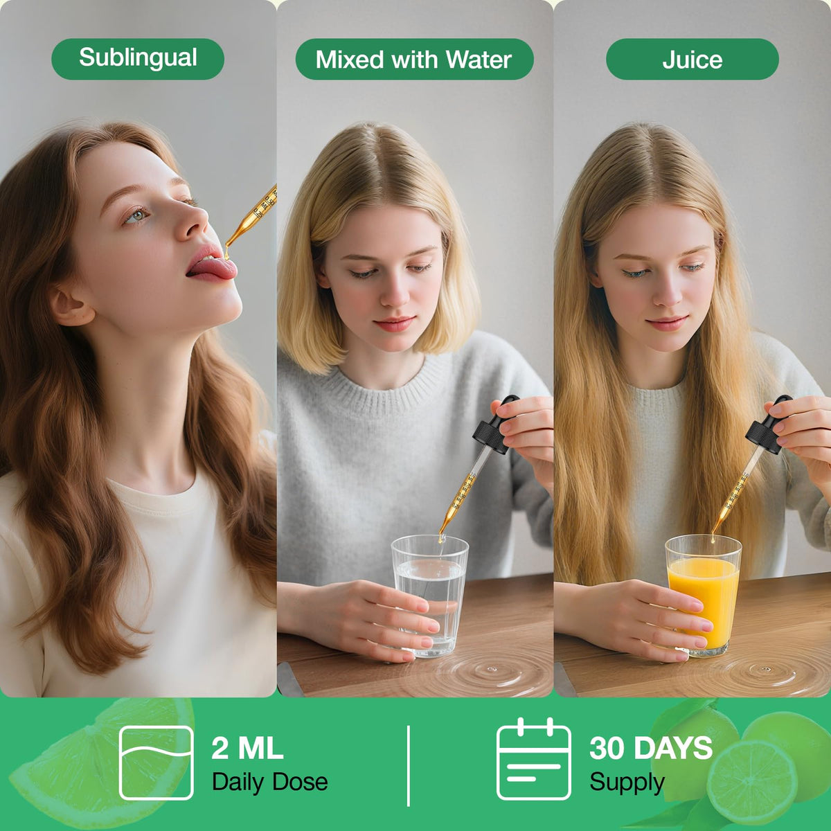 Gouttes de RiRywony Health Complément Alimentaire sur un fond blanc