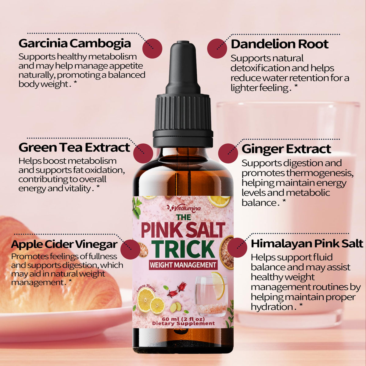 Gouttes de Sel Rose Vitalumina au Citron 60 mL bouteille vue de côté