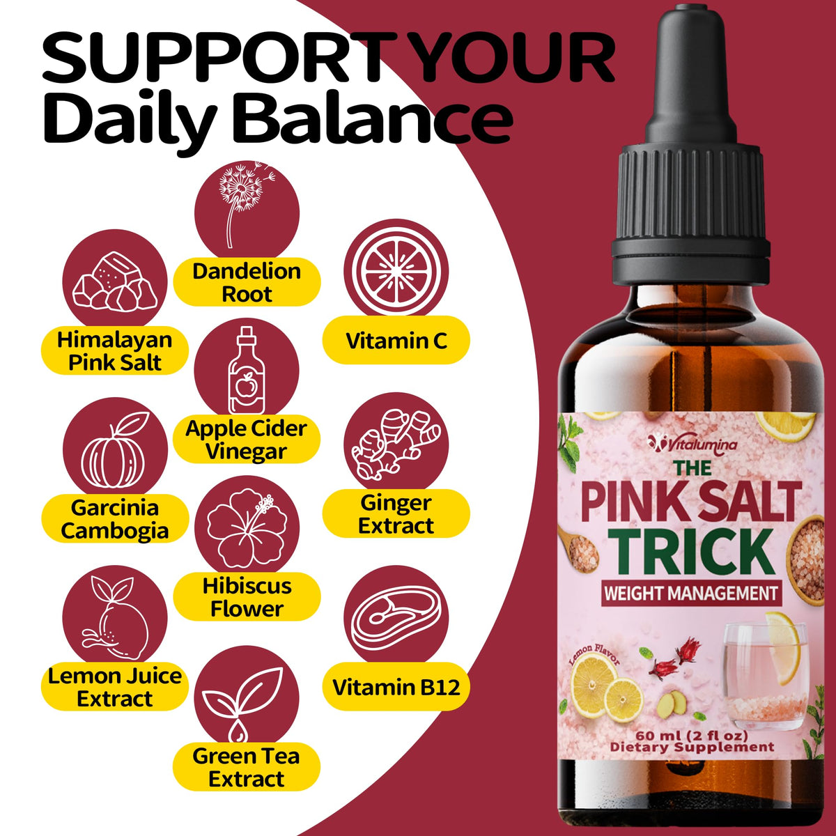 Gouttes de Sel Rose Vitalumina au Citron 60 mL compte-gouttes