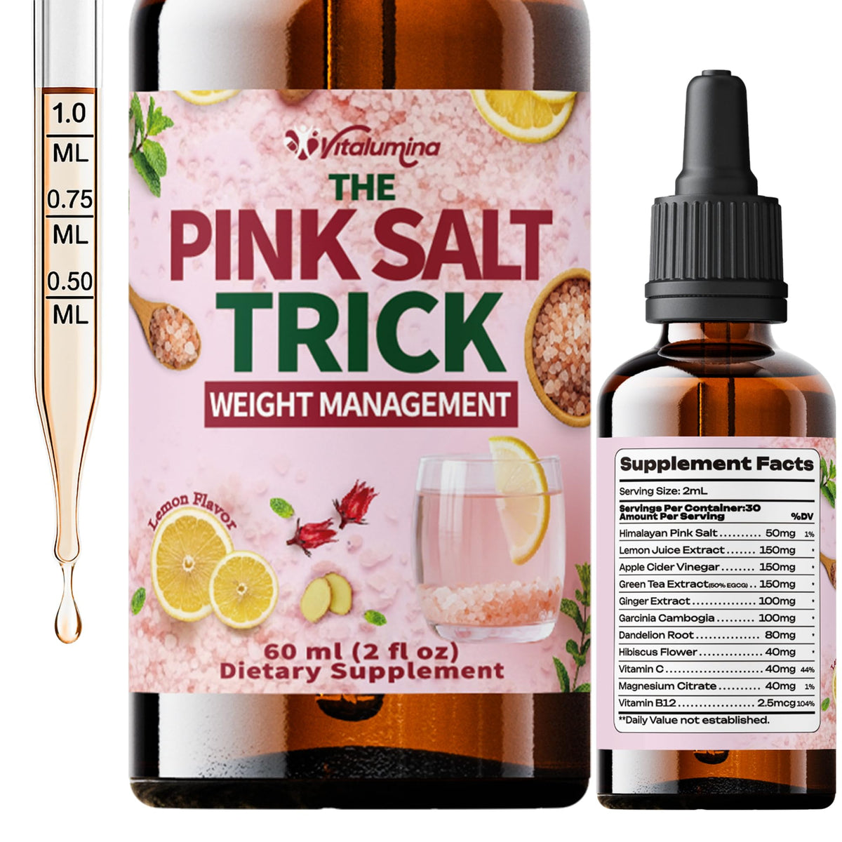 Gouttes de Sel Rose Vitalumina au Citron 60 mL vue avant