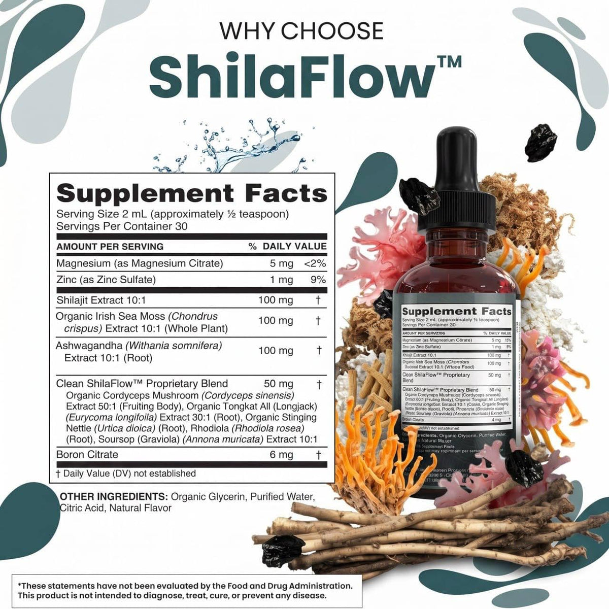 Gouttes de Shilajit avec fruits en arrière-plan