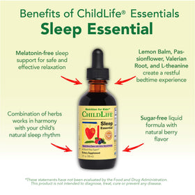 Gouttes de Sommeil CHILDLIFE ESSENTIALS sur une table avec un jouet d'enfant