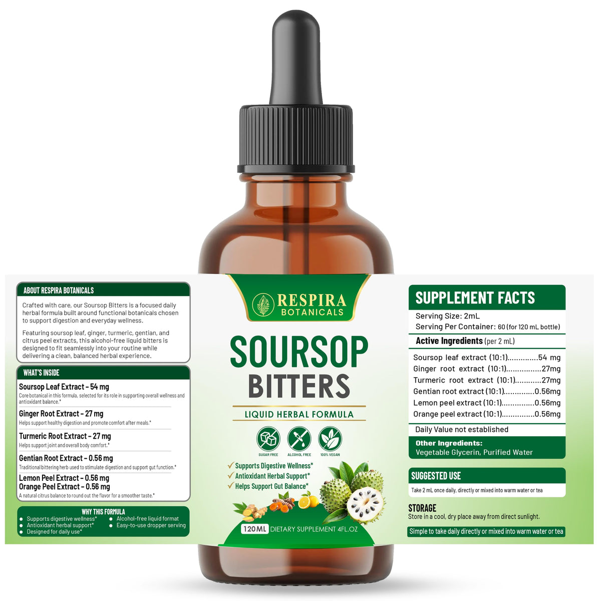 Gouttes de Soursop Bitters de Respira Botanicals dans une cuillère