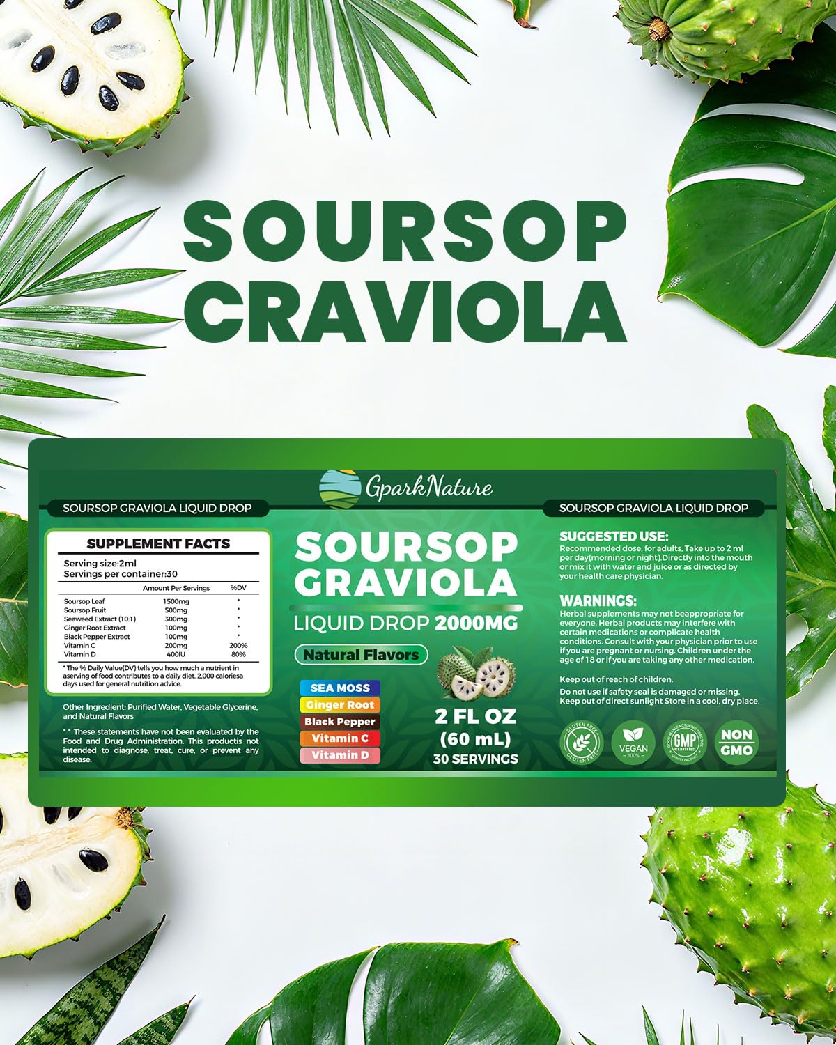 Gouttes de soursop GparkNature avec étiquette de dosage