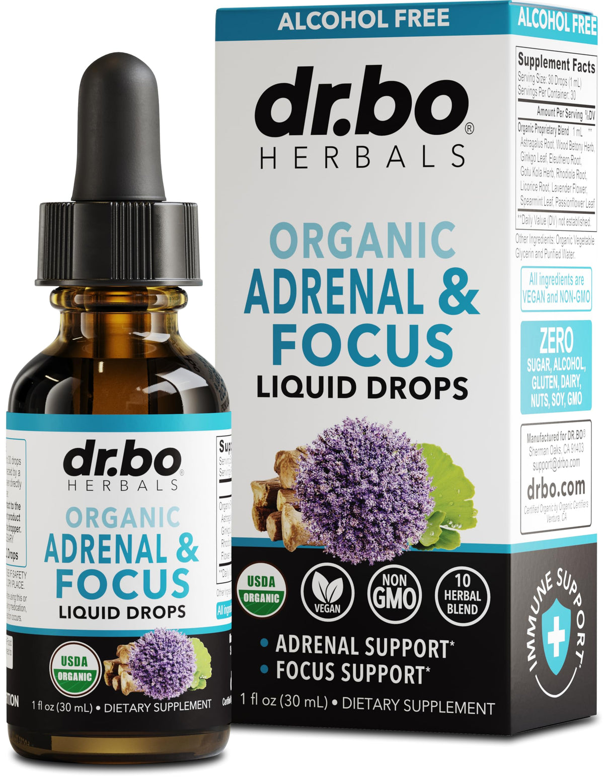 Gouttes de soutien adrenal DR. BO 30ml avec étiquette visible