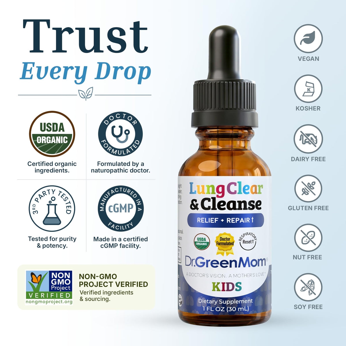 Gouttes de Soutien Pulmonaire Dr. Green Mom avec étiquette visible