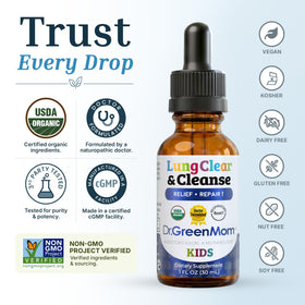 Gouttes de Soutien Pulmonaire Dr. Green Mom avec étiquette visible
