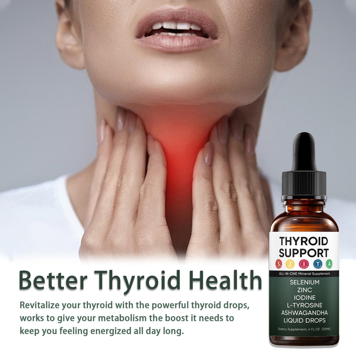 Gouttes de soutien thyroïdien GXSAE sur une table avec un verre d'eau