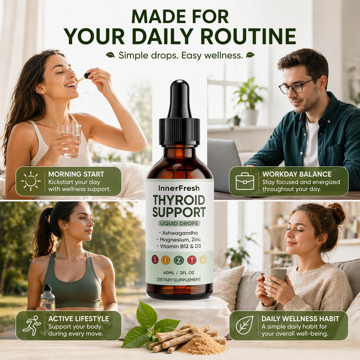 Gouttes de soutien thyroïdien INNERFRESH avec un verre d'eau