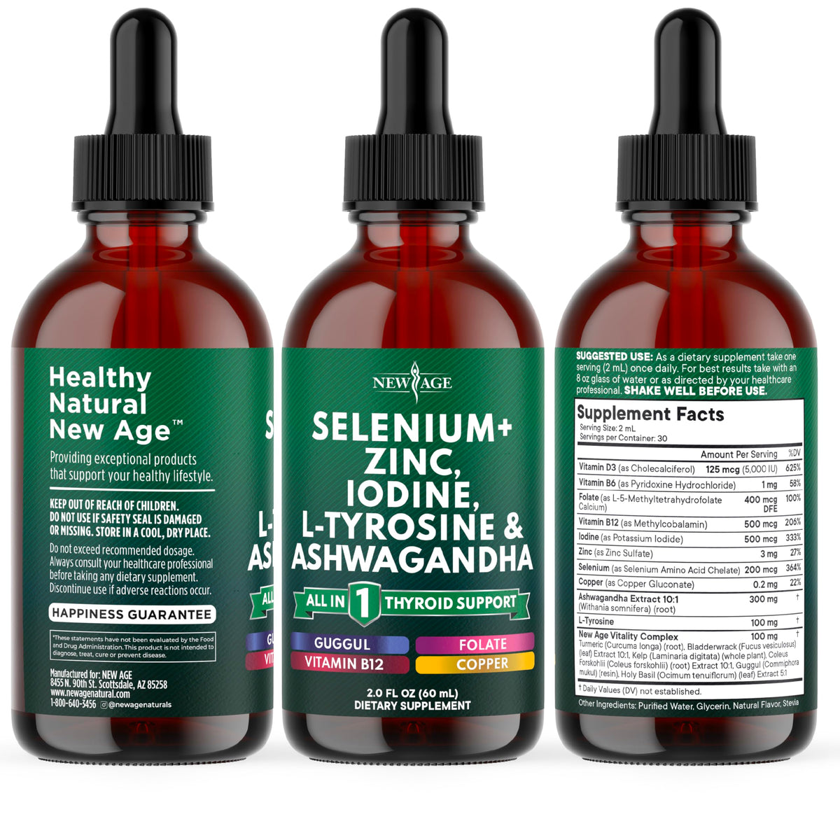 Gouttes de soutien thyroïdien NEW AGE 240 ml, flacon dans un environnement naturel