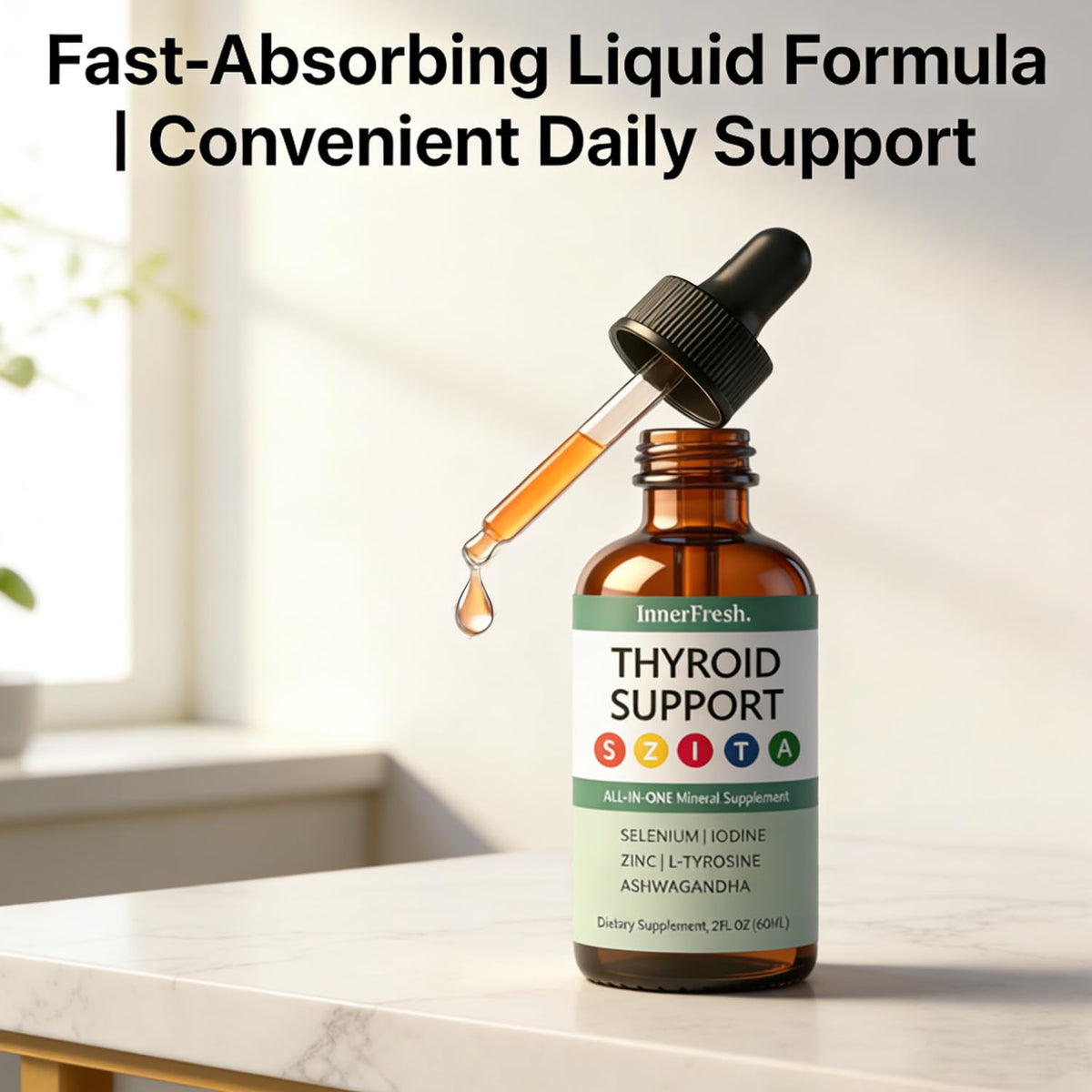 Gouttes de Soutien Thyroïdien SAPURAIS avec bouchon ouvert sur une table