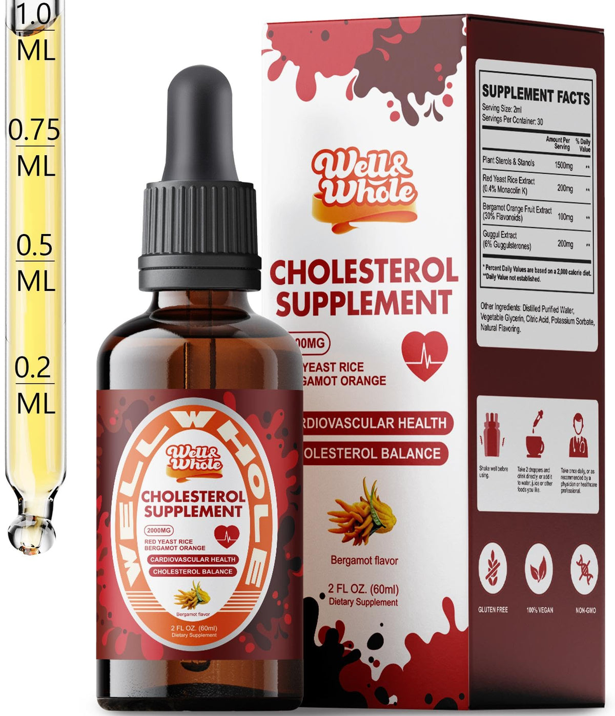 Gouttes de stérols végétaux Well&Whole 60mL avec étiquette visible