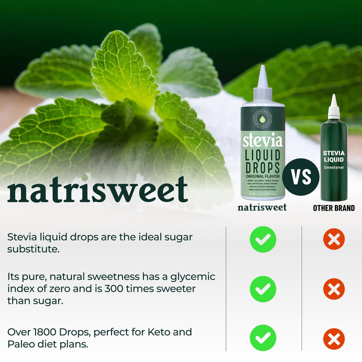 Gouttes de stevia liquide NatriSweet versées dans une cuillère