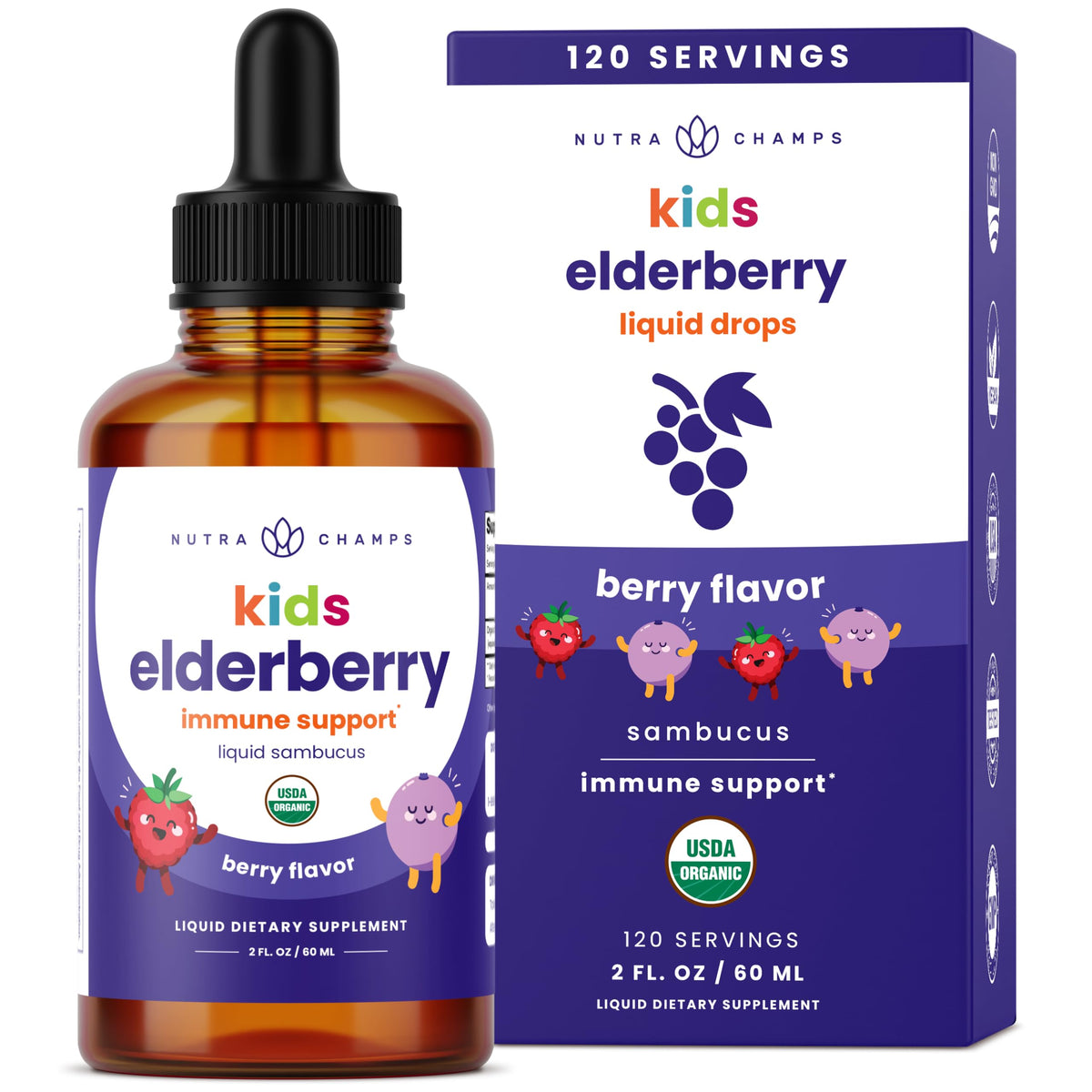 Gouttes de Sureau Noir Bio NutraChamps pour Enfants bouteille vue de face