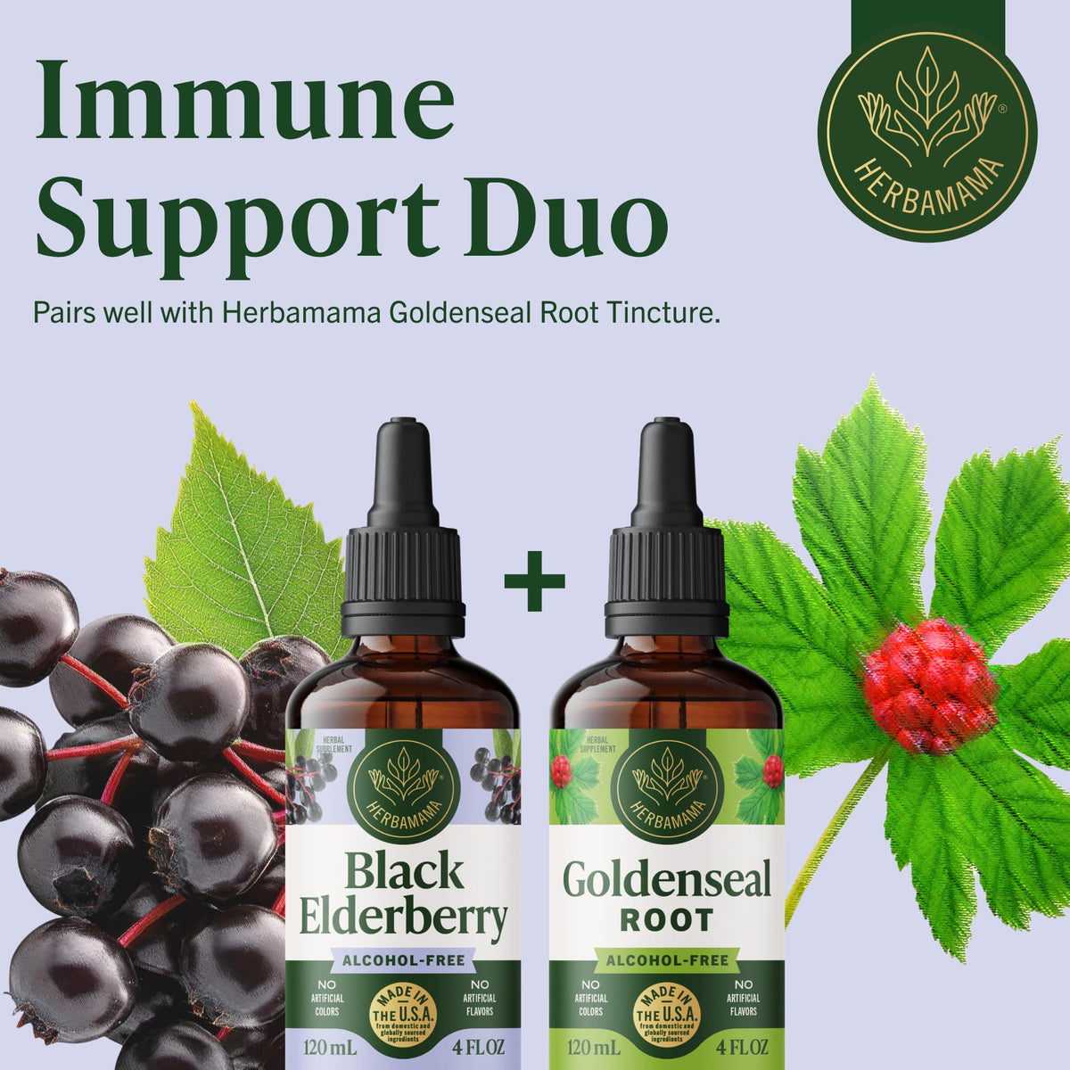 Gouttes de sureau noir HERBAMAMA avec ingrédients visibles