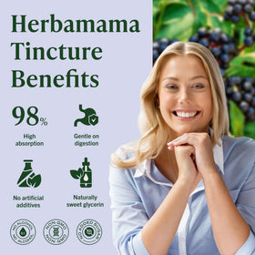 Gouttes de sureau noir HERBAMAMA sur une table en bois