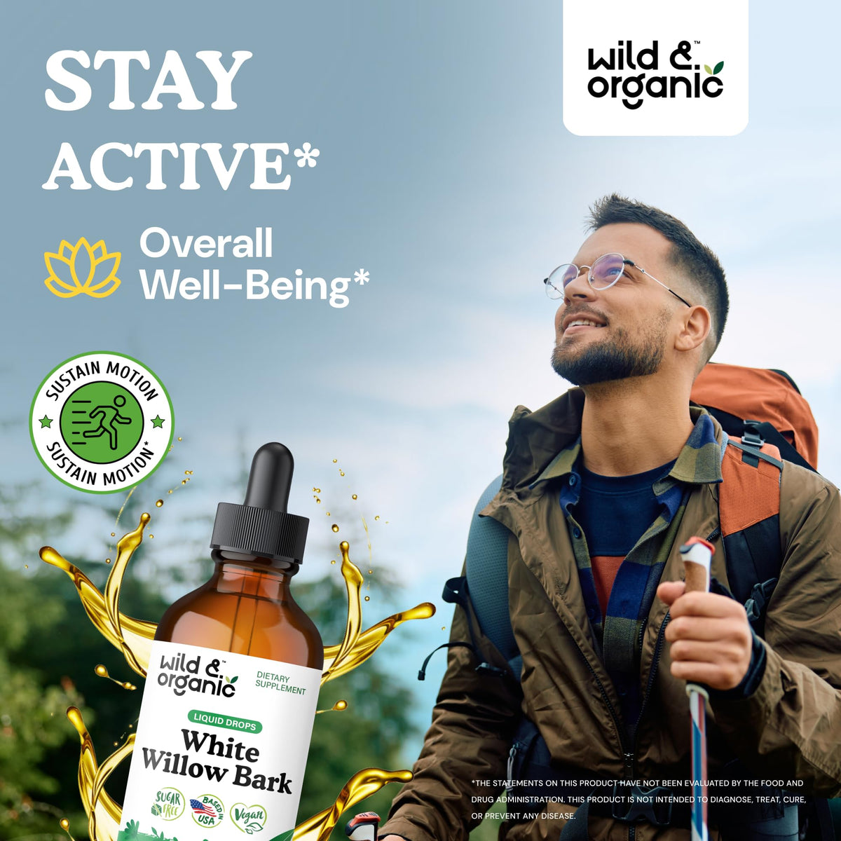 Gouttes de teinture d'écorce de saule blanc Wild & Organic sur une cuillère