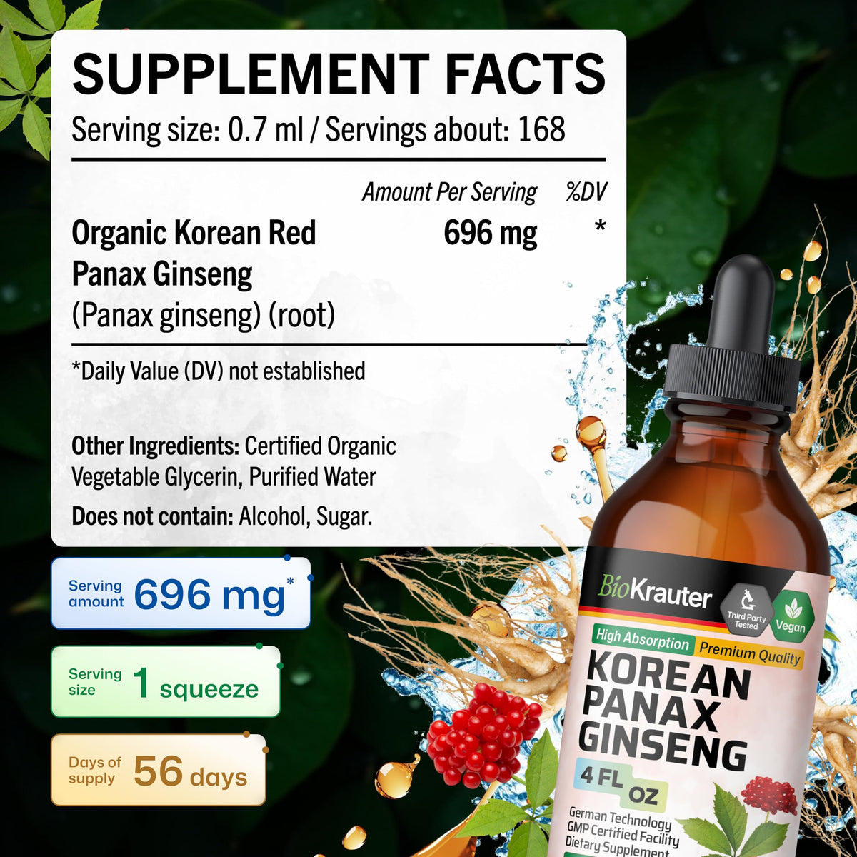 Gouttes de Teinture de Ginseng Panax Rouge BIO KRAUTER dans un verre d'eau