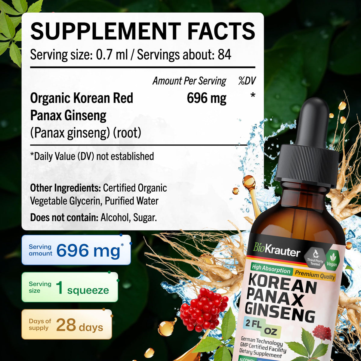 Gouttes de teinture de ginseng Panax versées dans un verre d'eau
