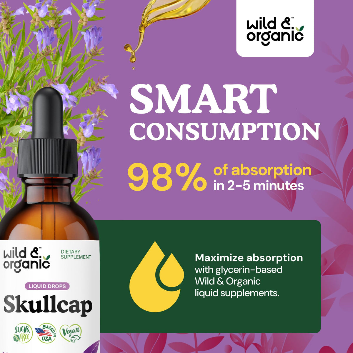 Gouttes de teinture de scutellaire Wild & Organic dans une cuillère