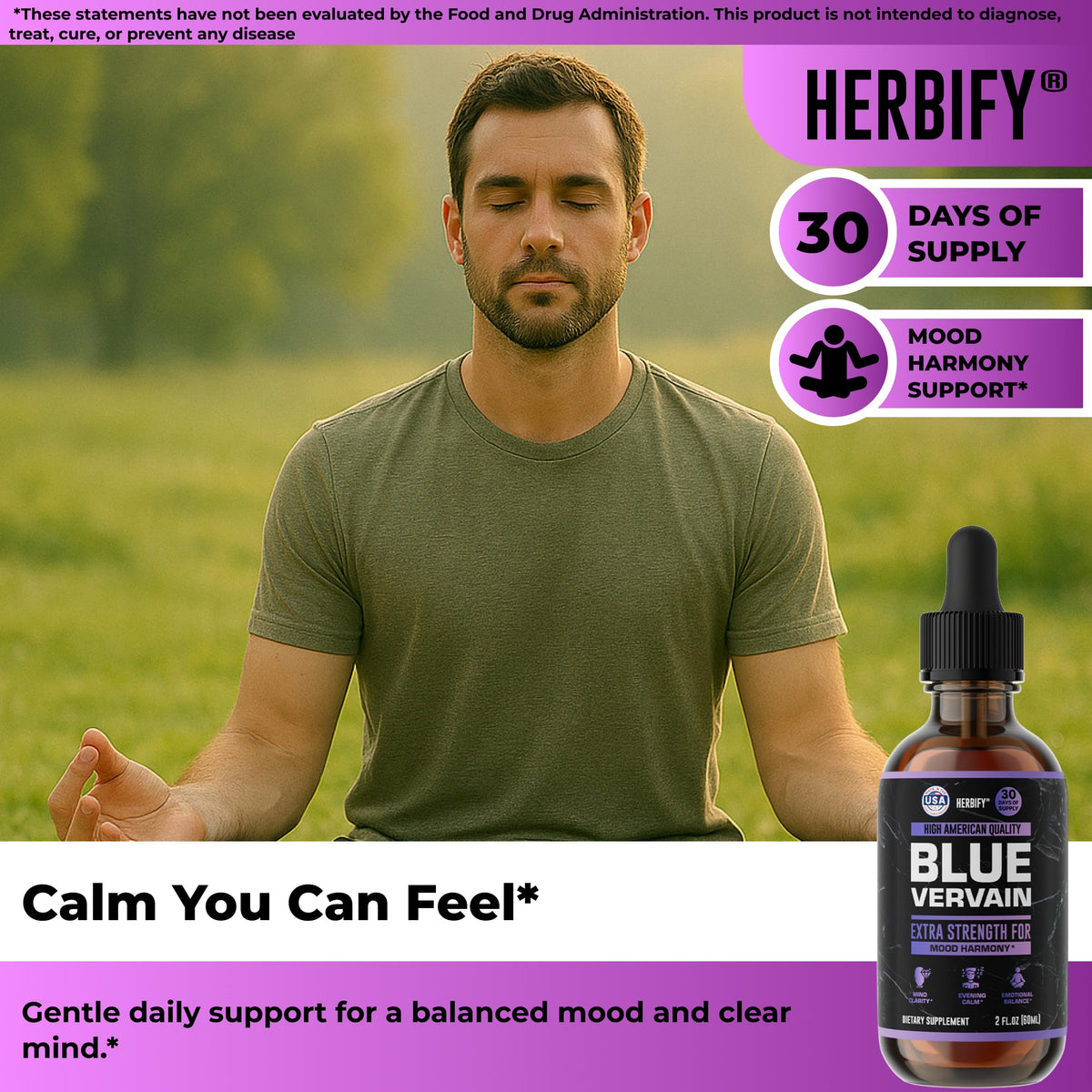 Gouttes de teinture de verveine bleue HERBIFY dans un verre