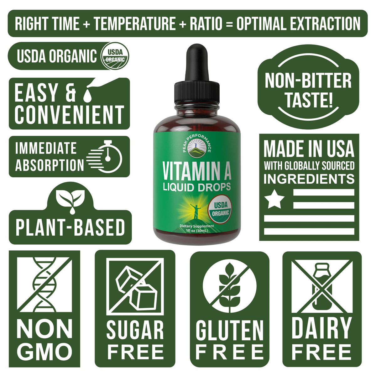 Gouttes de vitamine A bio Peak Performance sur une table avec des ingrédients
