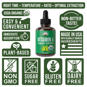 Gouttes de vitamine A bio Peak Performance sur une table avec des ingrédients