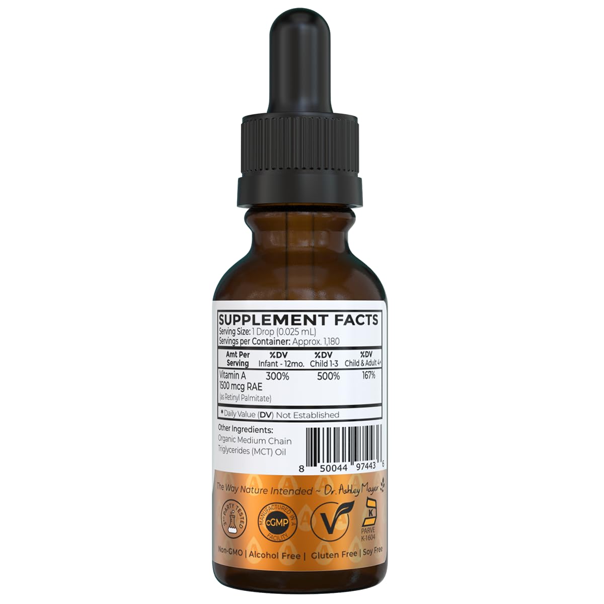 Gouttes de vitamine A Dr. Green Mom avec ingrédients visibles