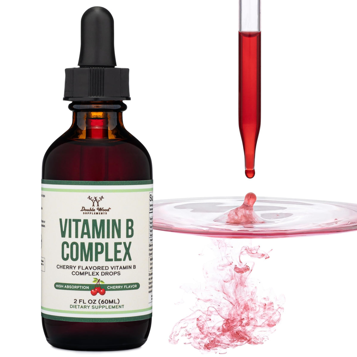 Gouttes de vitamine B-Complex Double Wood sur une table avec un verre d'eau